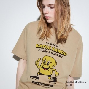Beige Uniqlo L.A. Eats Ut Oversized Short-sleeve Graphic Katsu Sando Men T Shirts | 3567862