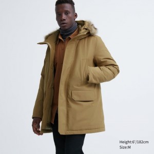 Beige Uniqlo Ultra Warm Hybrid Down Men Coats | 7234638