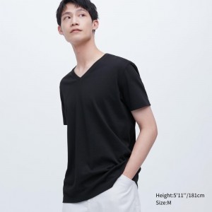 Black Uniqlo Dry Color V-Neck Short-Sleeve Men T Shirts | 7627450
