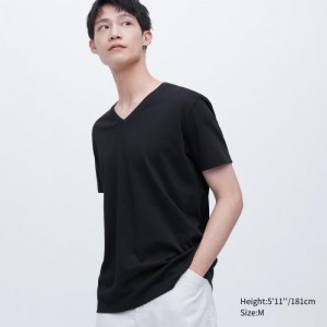 Black Uniqlo Dry Color V-Neck Short-Sleeve Women T Shirts | 7341647