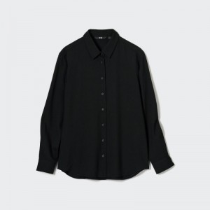 Black Uniqlo Rayon Long-Sleeve Women Blouse | 3593453