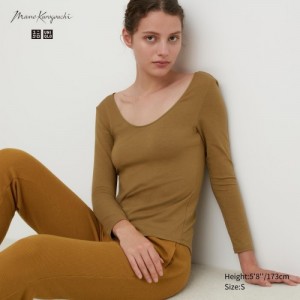 Brown Uniqlo HEATTECH Ballet Neck Long-Sleeve Silk Blend Women T Shirts | 6932145