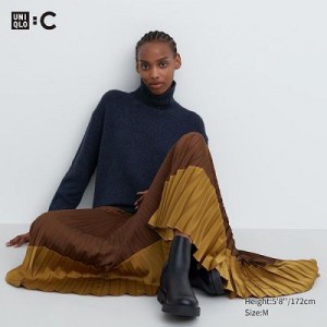 Brown Uniqlo Pleated Color Block Women Skirts | 9987115