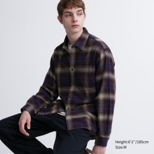 Burgundy Uniqlo Flannel Checked Long-sleeve Men Shirts | 6794436