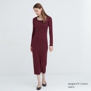 Burgundy Uniqlo Merino Blend Fitted U Neck Long Sleeve Women Dress | 3895077