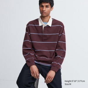 Burgundy Uniqlo Rugger Long-sleeve Men Polo Shirts | 1764155