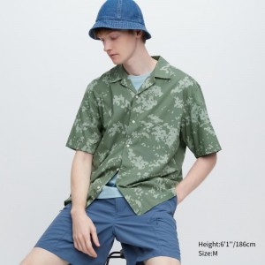 Green Uniqlo Open Collar Short-sleeve Men Shirts | 2235078