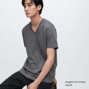 Grey Uniqlo Dry Color V-Neck Short-Sleeve Women T Shirts | 6140481