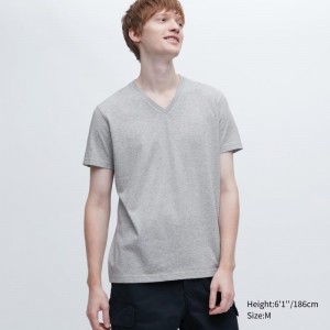 Grey Uniqlo Dry Color V-Neck Short-Sleeve Men T Shirts | 1927868