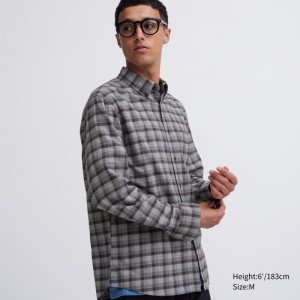 Grey Uniqlo Flannel Checked Long Sleeve Men Shirts | 1771247