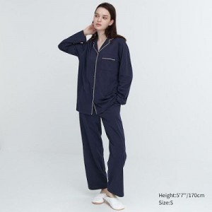Navy Uniqlo AIRism Cotton Long-Sleeve Women Pajamas | 2593505