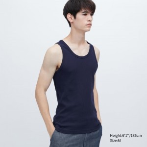 Navy Uniqlo Dry Color Ribbed Men Tank Top | 7519292