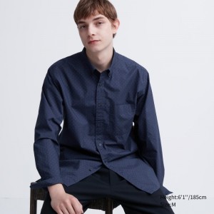 Navy Uniqlo Extra Fine Cotton Broadcloth Dotted Long-sleeve Men Shirts | 7578080