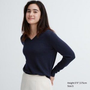 Navy Uniqlo Extra Fine Merino V-Neck Long-Sleeve Women Sweaters | 9682716