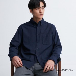 Navy Uniqlo Flannel Long-sleeve Solid Men Shirts | 2787035