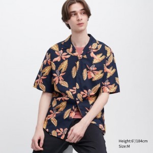 Navy Uniqlo Open Collar Short-sleeve Men Shirts | 5697189