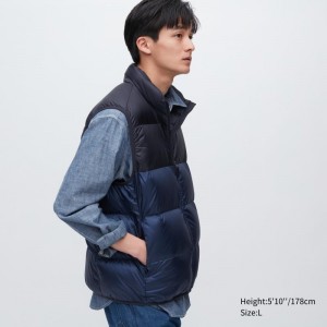 Navy Uniqlo Ultra Light Down Wide Quilt Color Block Men Vest | 7750433