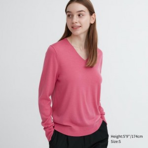 Pink Uniqlo Extra Fine Merino V-Neck Long-Sleeve Women Sweaters | 7864659