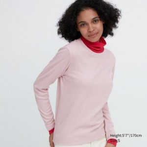 Pink Uniqlo HEATTECH Fleece Crew Neck Long-Sleeve Women T Shirts | 6189671