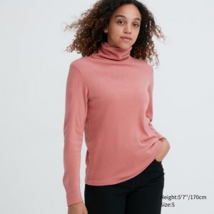Pink Uniqlo HEATTECH Fleece Turtleneck Long-Sleeve Women T Shirts | 9187914