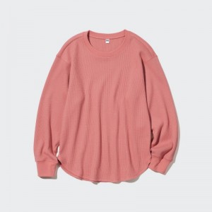 Pink Uniqlo Waffle Crew Neck Long-Sleeve Women T Shirts | 5557108