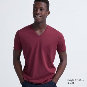 Red Uniqlo Dry Color V-Neck Short-Sleeve Men T Shirts | 3092765