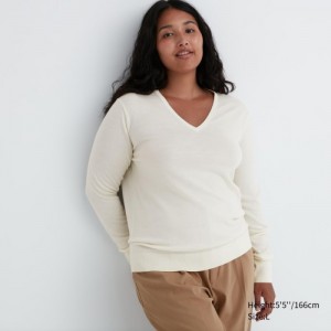 White Uniqlo Extra Fine Merino V-Neck Long-Sleeve Women Sweaters | 6049487