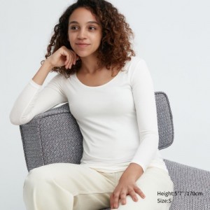 White Uniqlo HEATTECH Scoop Neck Long-Sleeve Women T Shirts | 568951