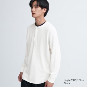 White Uniqlo Waffle Henley Neck Long-sleeve Men T Shirts | 7453157