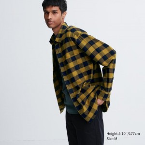Yellow Uniqlo Flannel Checked Long-sleeve Men Shirts | 2366560
