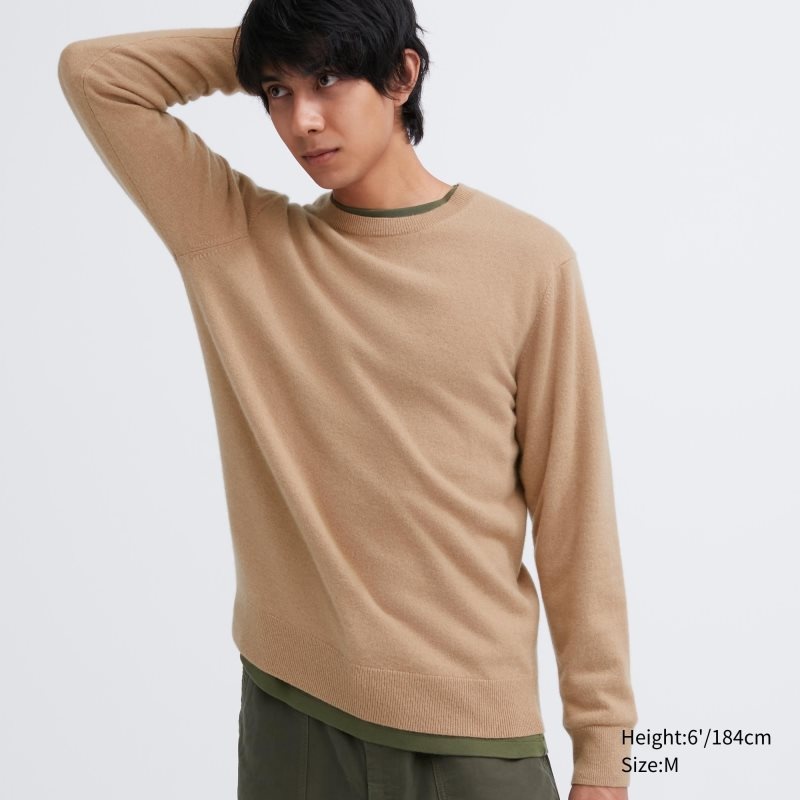 Beige Uniqlo Cashmere Crew Neck Long-sleeve Men Sweaters | 2718985