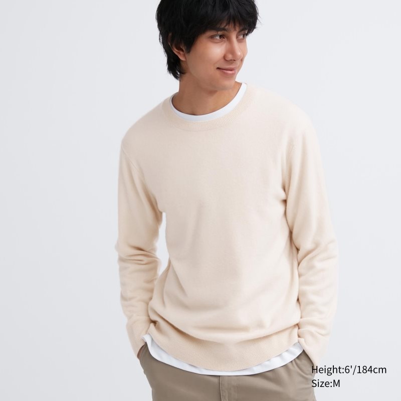 Beige Uniqlo Cashmere Crew Neck Long-sleeve Men Sweaters | 9759925