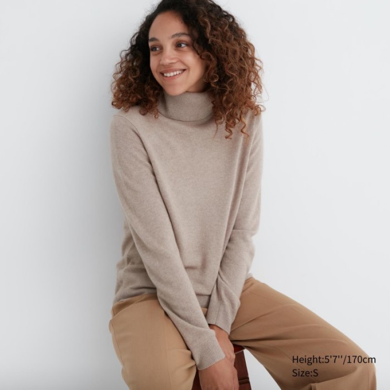 Beige Uniqlo Cashmere Turtleneck Women Sweaters | 9942115