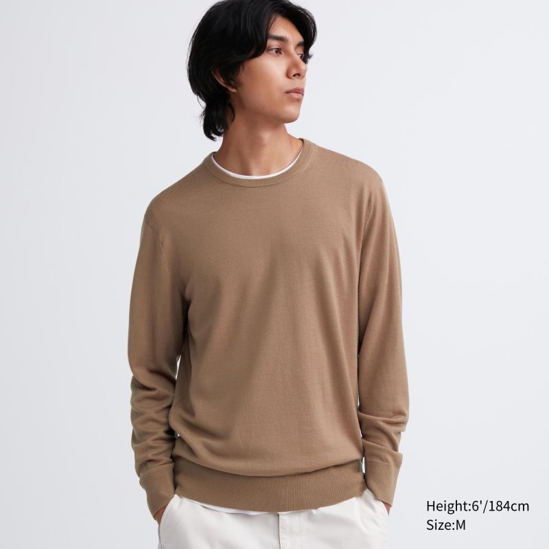 Beige Uniqlo Extra Fine Merino Crew Neck Men Sweaters | 9438542