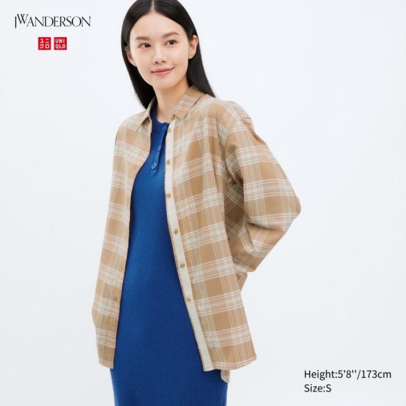 Beige Uniqlo Flannel Checked Long-Sleeve Long Women Shirts | 3749833