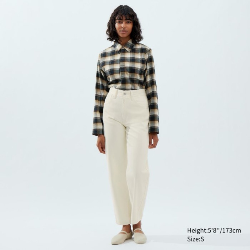 Beige Uniqlo Flannel Long-Sleeve Women Shirts | 3143828