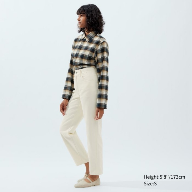 Beige Uniqlo Flannel Long-Sleeve Women Shirts | 3143828