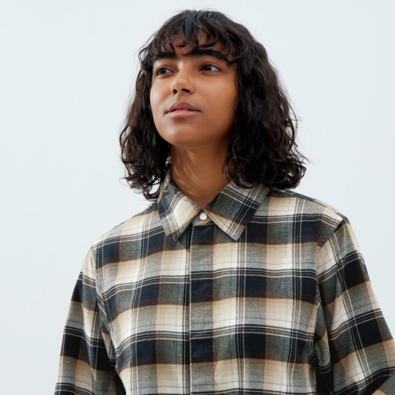 Beige Uniqlo Flannel Long-Sleeve Women Shirts | 3143828
