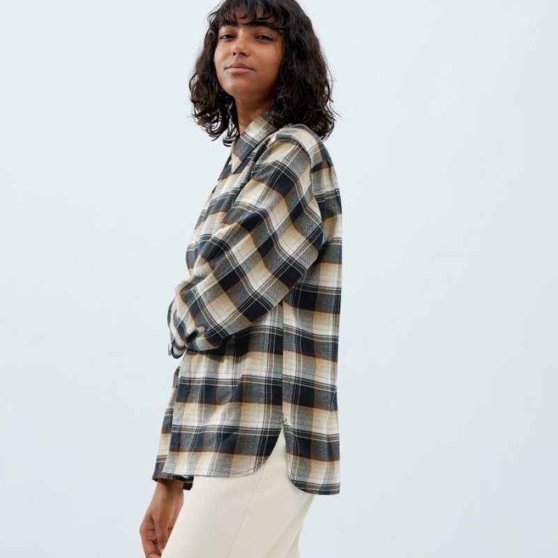 Beige Uniqlo Flannel Long-Sleeve Women Shirts | 3143828