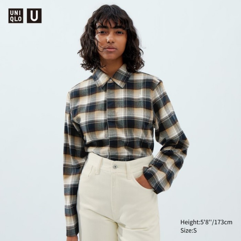 Beige Uniqlo Flannel Long-Sleeve Women Shirts | 3143828