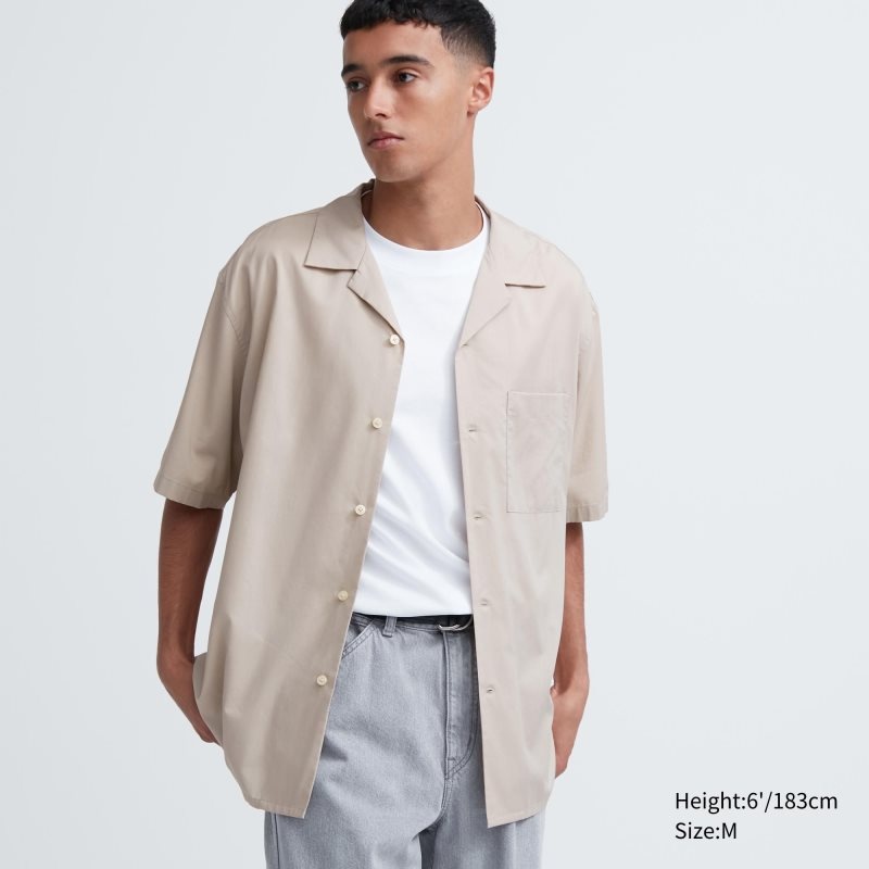 Beige Uniqlo Open Collar Short-sleeve Men Shirts | 2875613