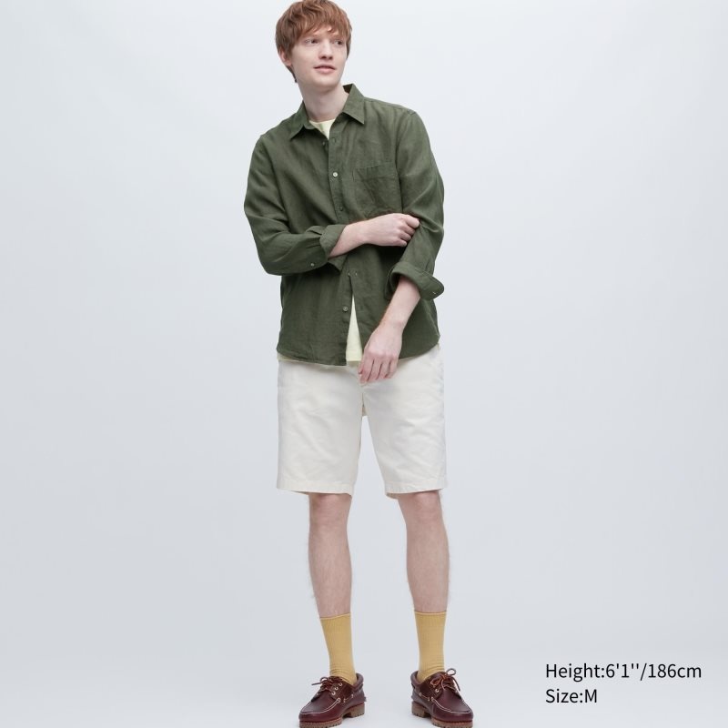 Beige Uniqlo Premium Linen Long-sleeve Men Shirts | 9170954