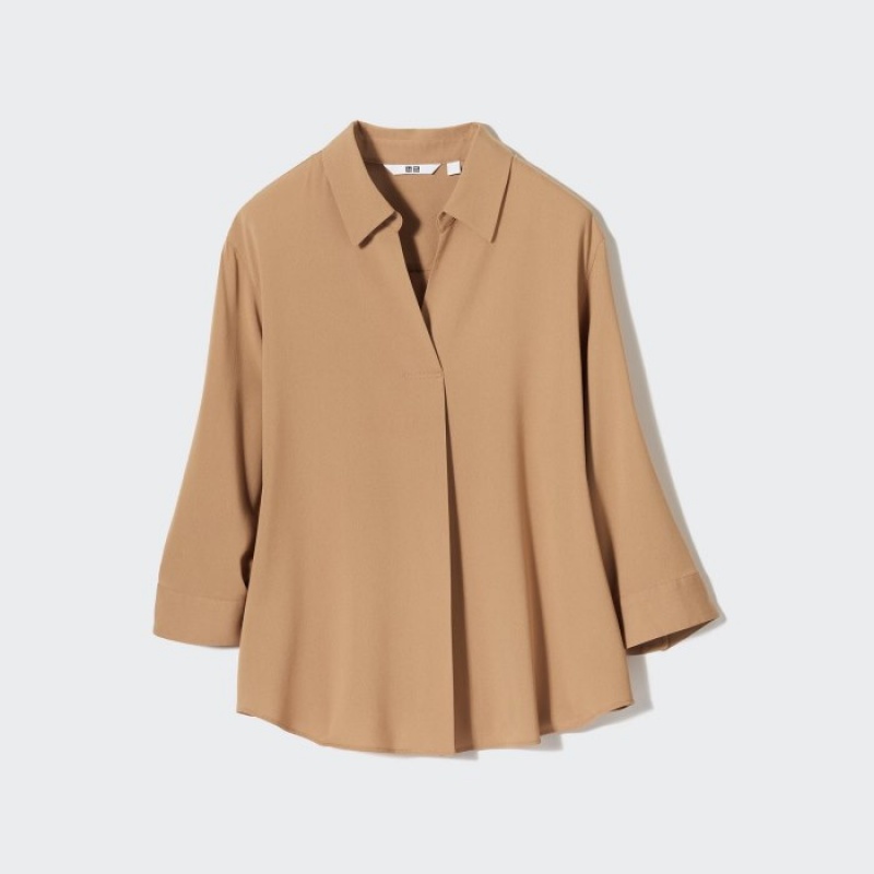 Beige Uniqlo Rayon Skipper Collar 3/4-Sleeve Women Blouse | 7228744