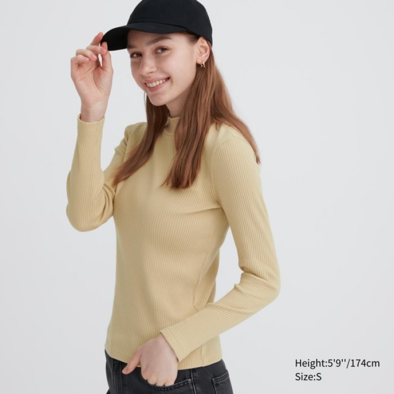 Beige Uniqlo Ribbed High Neck Long-Sleeve Women T Shirts | 4518226