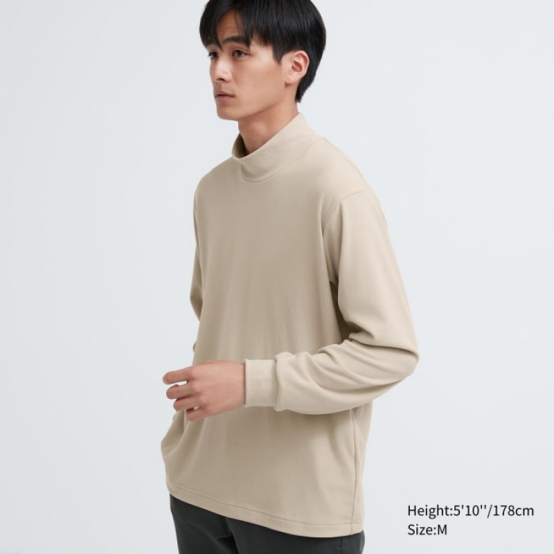 Beige Uniqlo Smooth Fleece Mock Neck Long-Sleeve Women T Shirts | 1324470