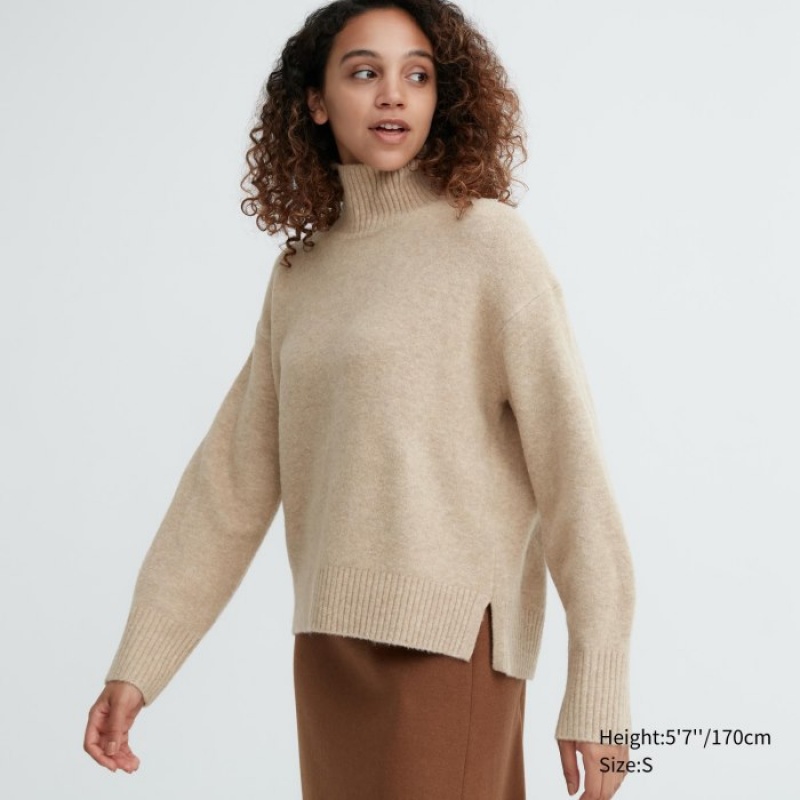 Beige Uniqlo Souffle Yarn High Neck Long-Sleeve Women Sweaters | 1101410