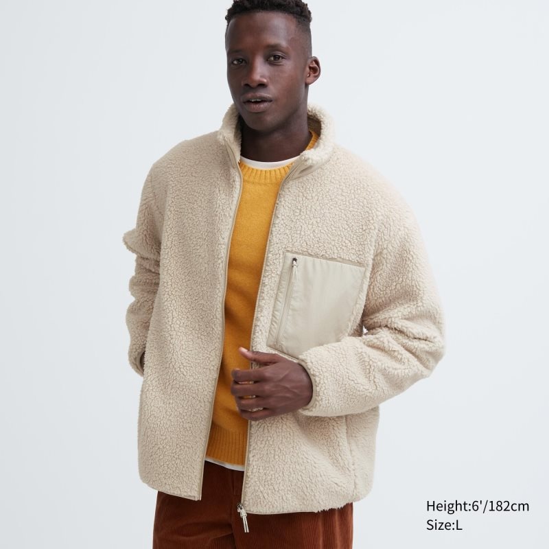 Beige Uniqlo Windproof Outer Fleece Men Jackets | 7244591