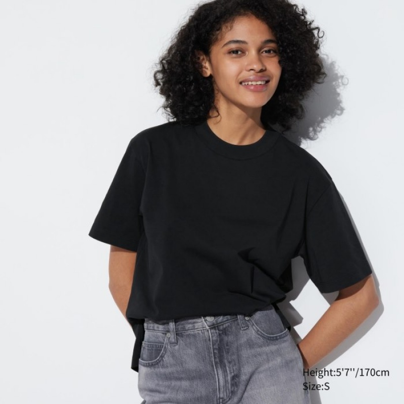 Black Uniqlo AIRism Cotton Short Sleeve Women T Shirts | 1927414