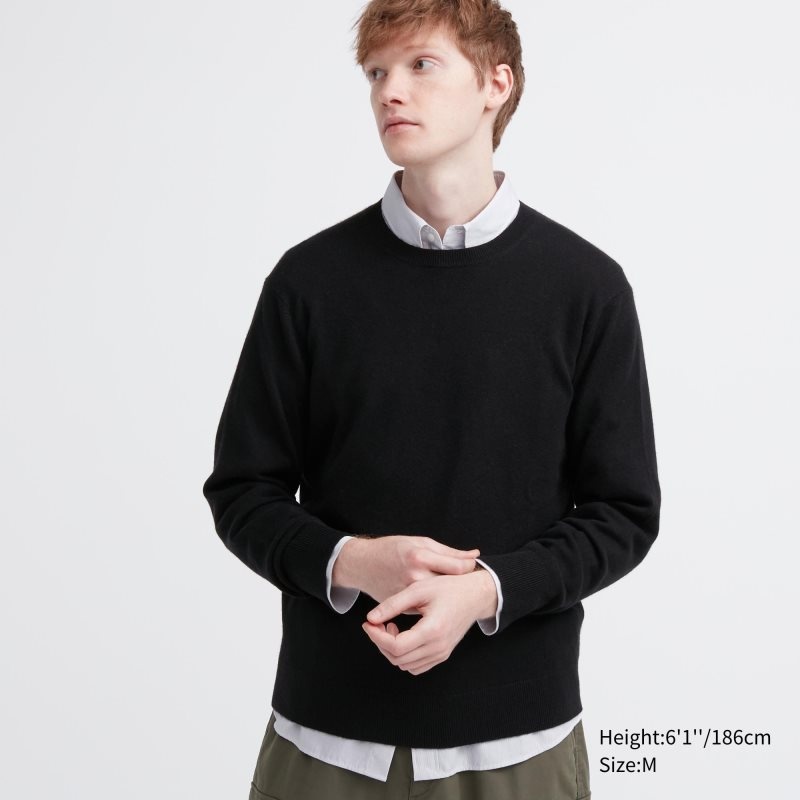 Black Uniqlo Cashmere Crew Neck Long-sleeve Men Sweaters | 9359533