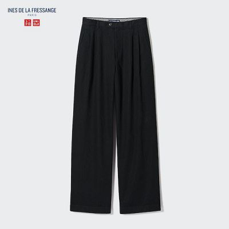 Black Uniqlo Denim Wide-Fit Pleated Women Pants | 7782380